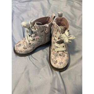 Girls Floral Combat Boots Side Zip Lace Up Pink Beige Toddler Childrens Size